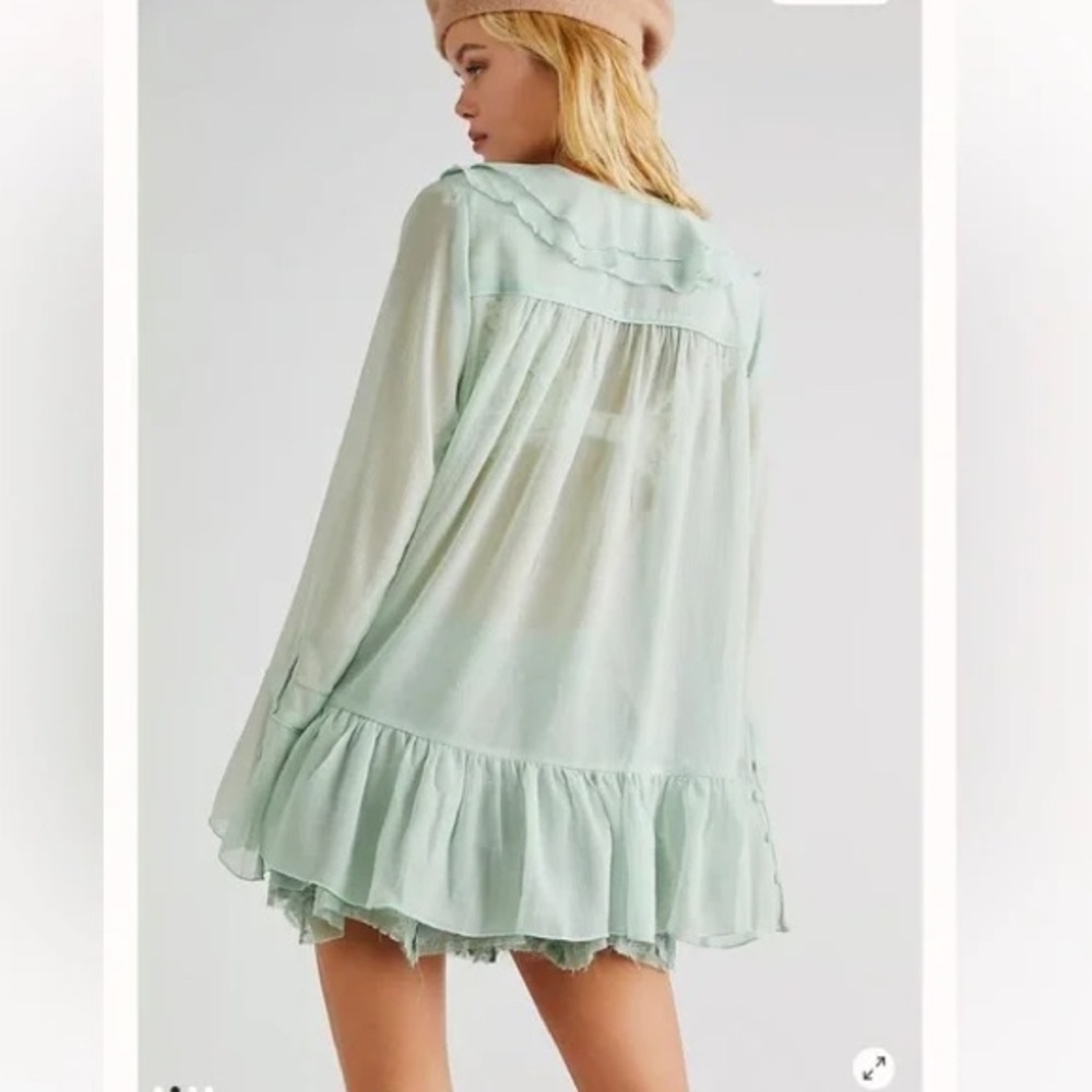 Free People Callie Sheer Flowy Light Green Ruffled Tunic Blouse Boho Drapey Chic - Picture 9 of 10
